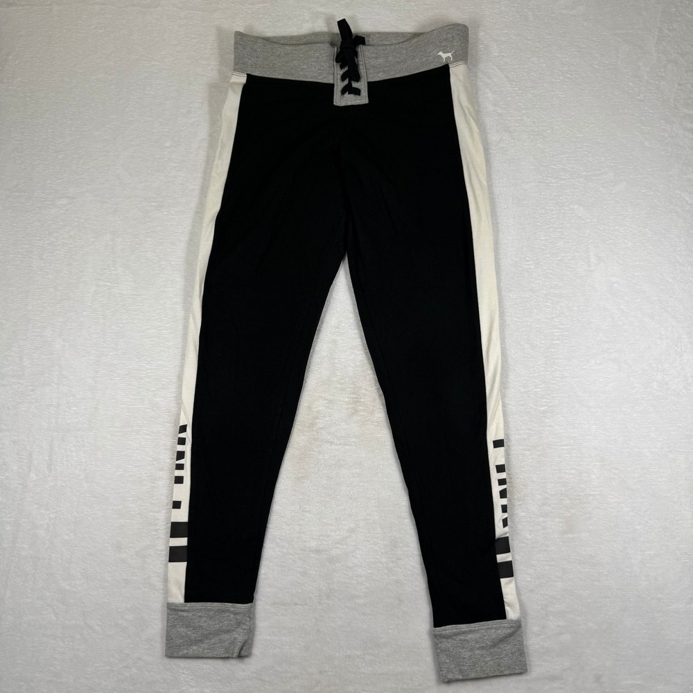 PINK Victorias Secret Yoga Leggings Black White Colorblock Lace Up Womens Medium